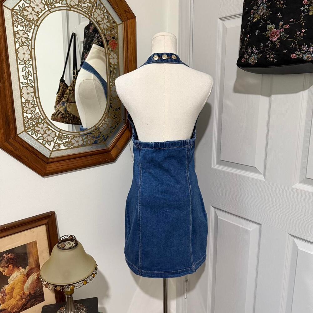 NWT Baby Phat Blue Denim & Gold Hardware Halter Neck Backless Mini Dress M - Picture 5 of 8